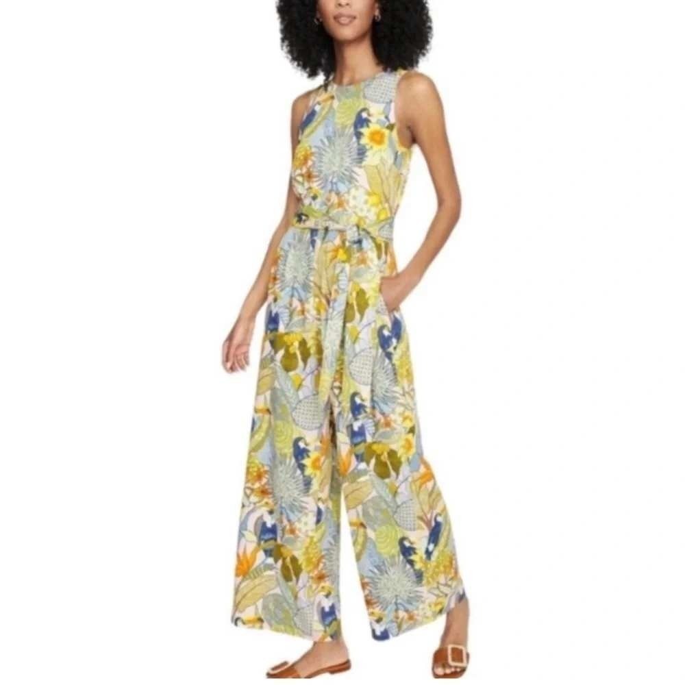 J.McLaughlin Rebekka Jumpsuit Wmns L Pink Tropical Toucan Floral Wide Leg Preppy